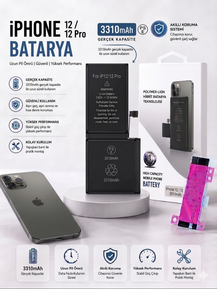 iPhone 12/12 Pro Yüksek Amperli Batarya (3310mAh)