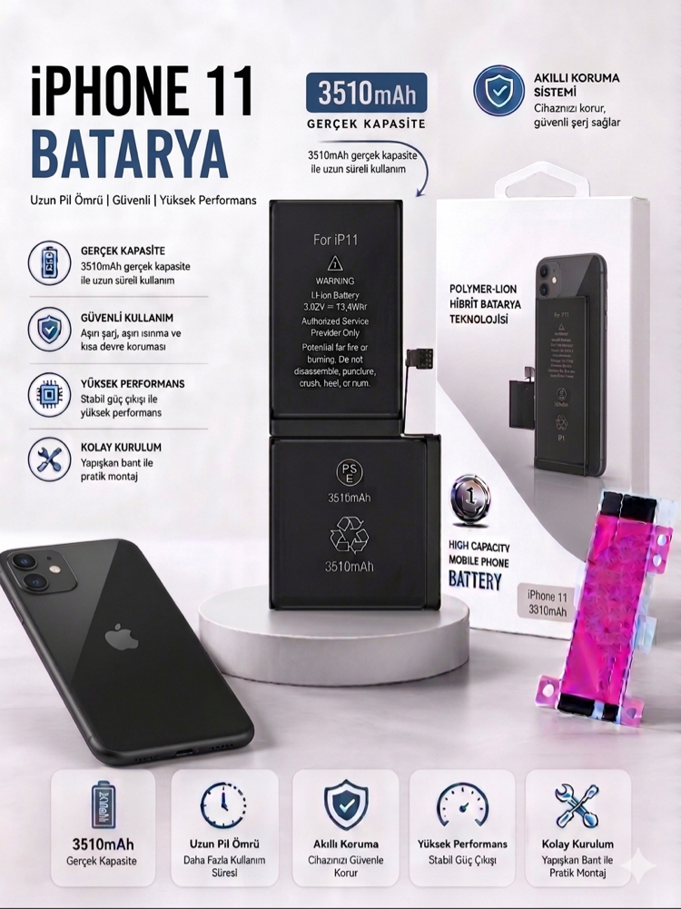 iPhone 11 Yüksek Amperli Batarya (3510mAh)