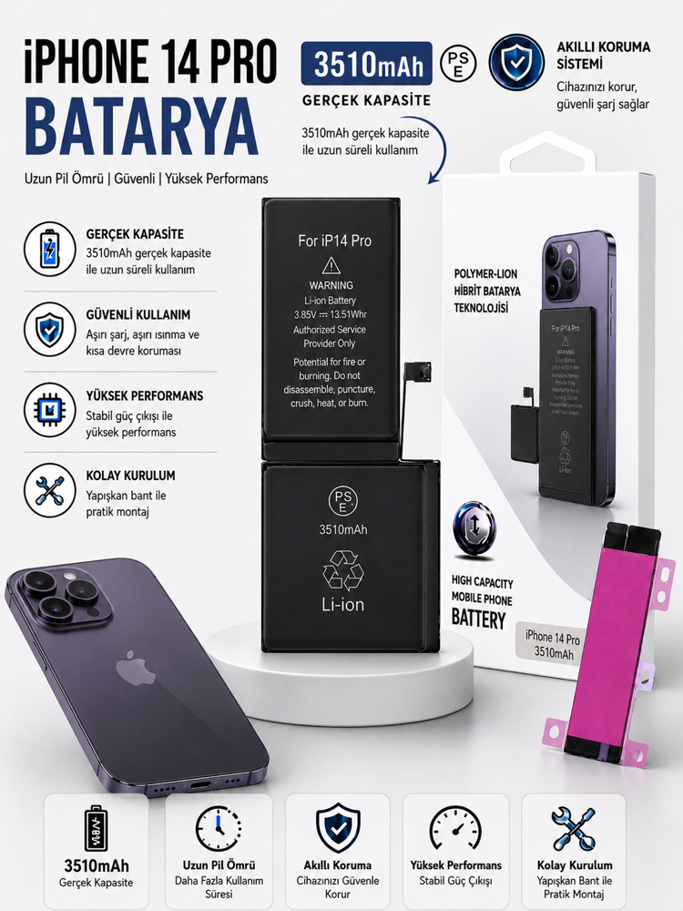 iPhone 14 Pro Yüksek Amperli Batarya(3510mAh)