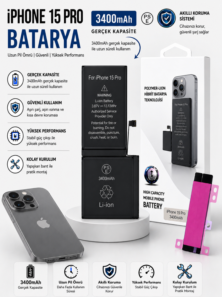 iPhone 15 Pro Yüksek Amperli Batarya(3400mAh)