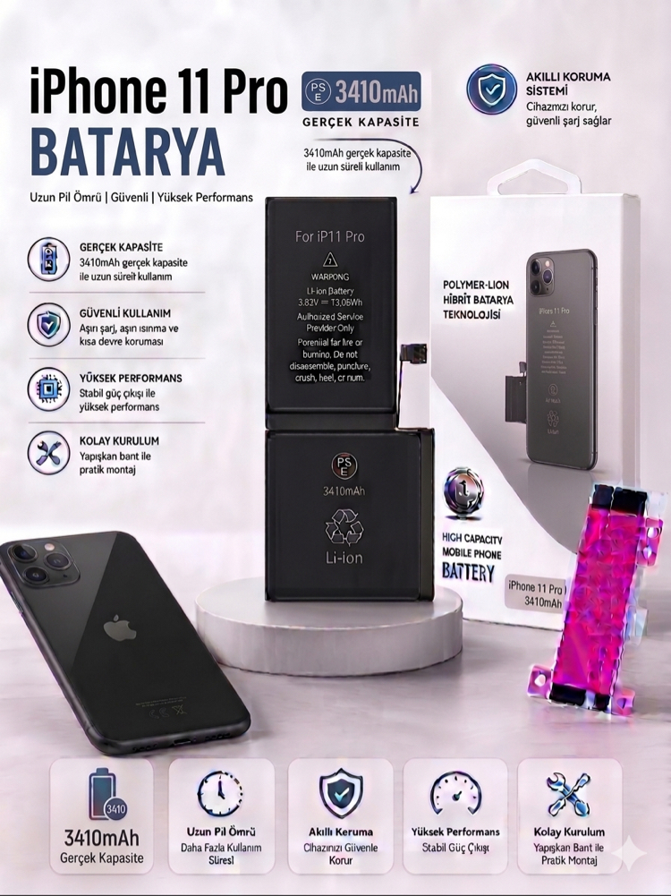 iPhone 11 Pro Yüksek Amperli Batarya (3410mAh)