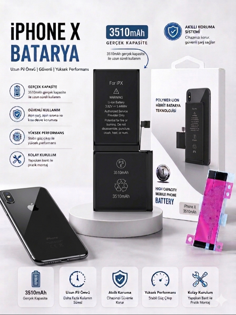 iPhone X Yüksek Amperli Batarya (3510 mAh)