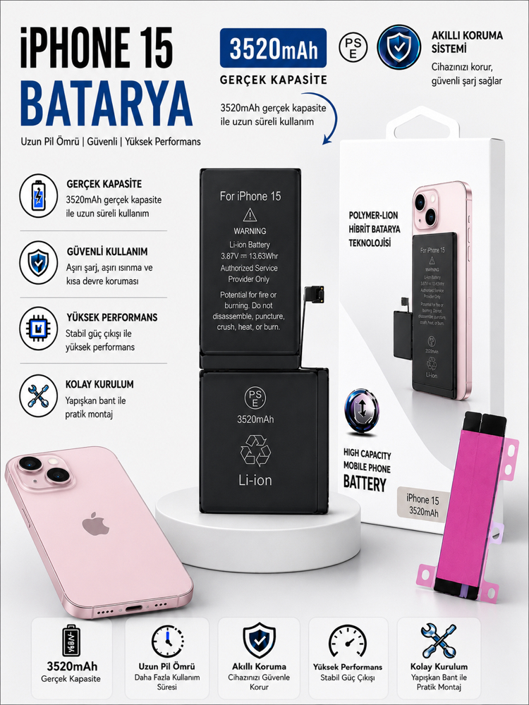 iPhone 15 Yüksek Amperli Batarya (3520mAh)