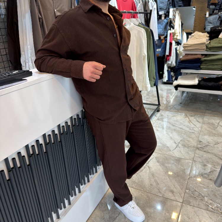 Keten Oversize Premium Takım Kahverengi