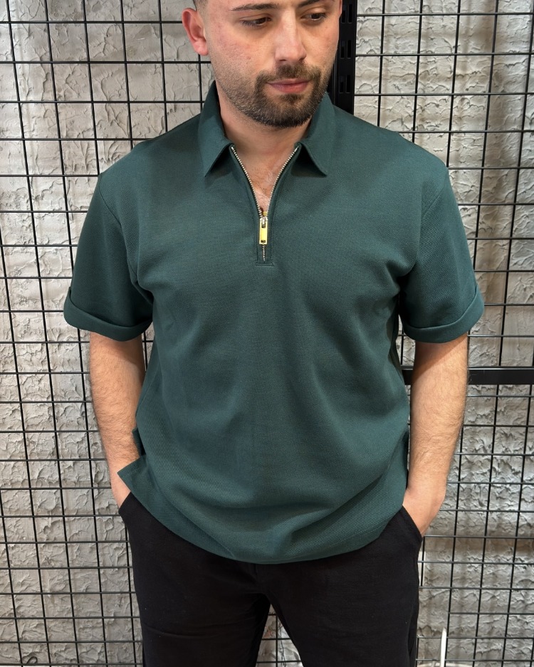 Fermuarlı Polo Yaka Yeşil T-Shirt %100 Pike