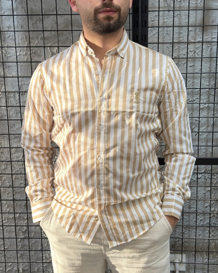 Oversize Kalın Çizgili Caramel Gömlek