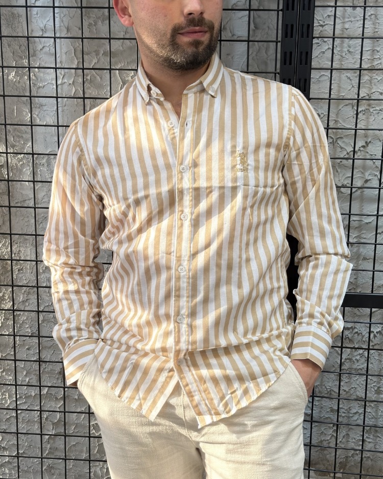 Oversize Kalın Çizgili Caramel Gömlek
