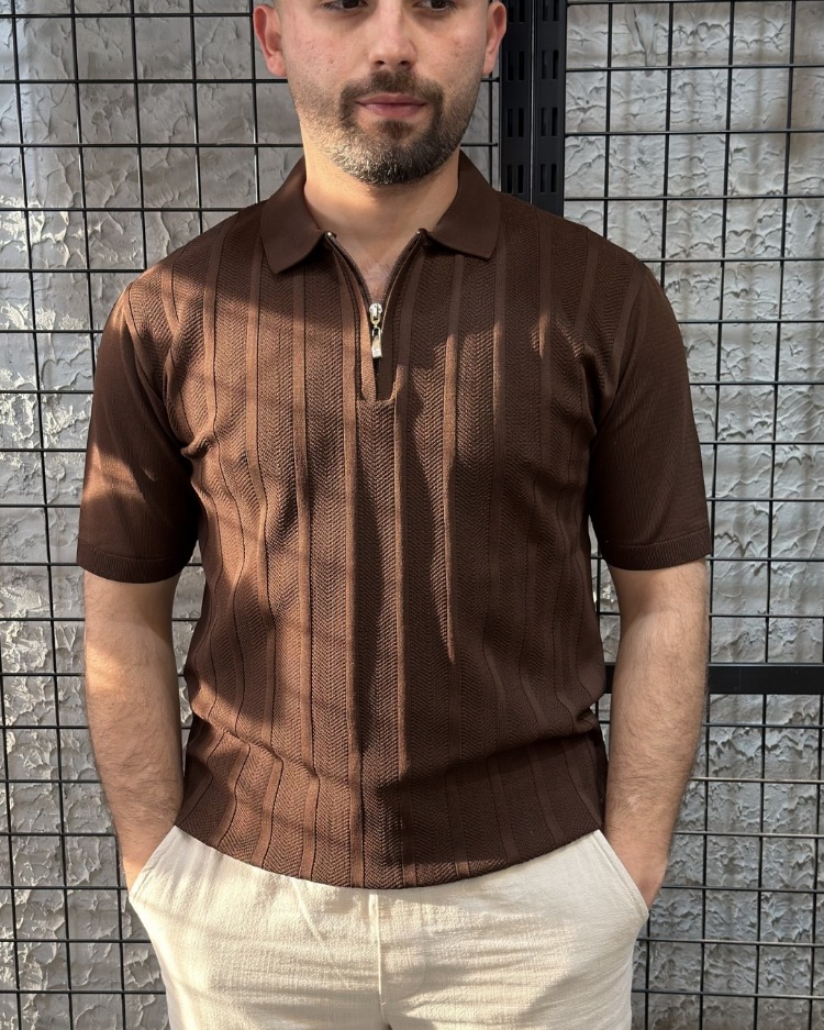 Slim Fit Çizgili Triko Kahverengi T-Shirt