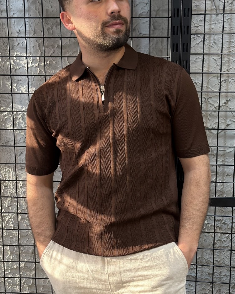 Slim Fit Çizgili Triko Kahverengi T-Shirt