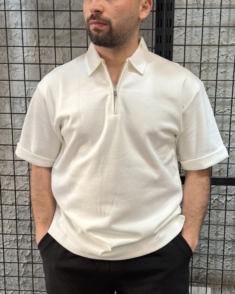 Polo Yaka Fermuarlı Pike Kumaş Beyaz T-Shirt