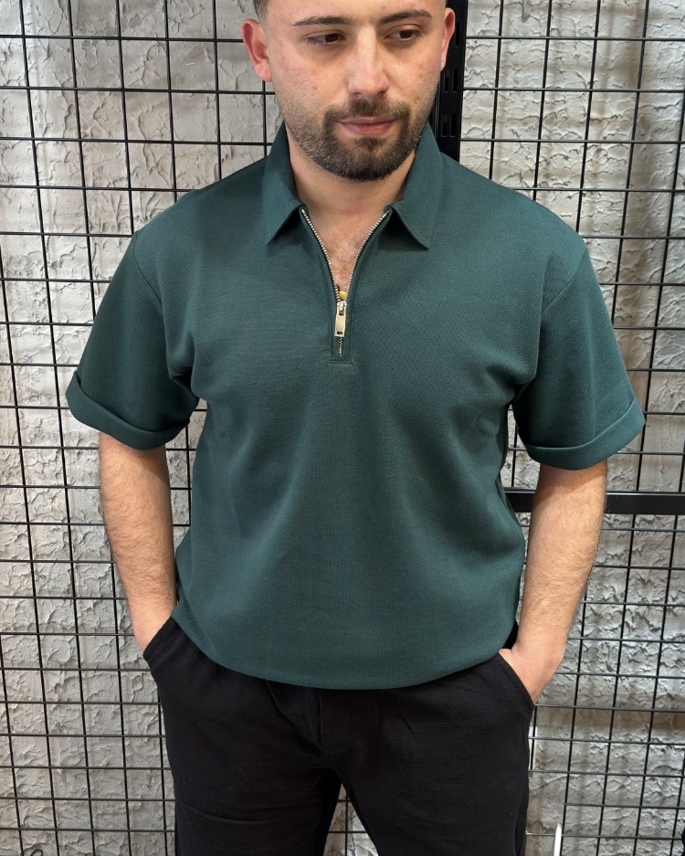 Fermuarlı Polo Yaka Yeşil T-Shirt %100 Pike
