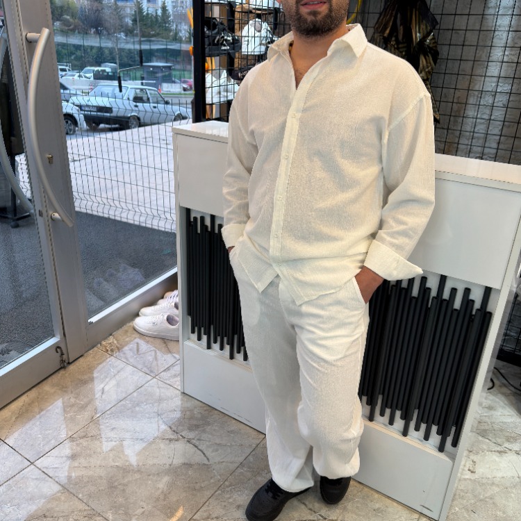 Keten Oversize Premium Takım Beyaz