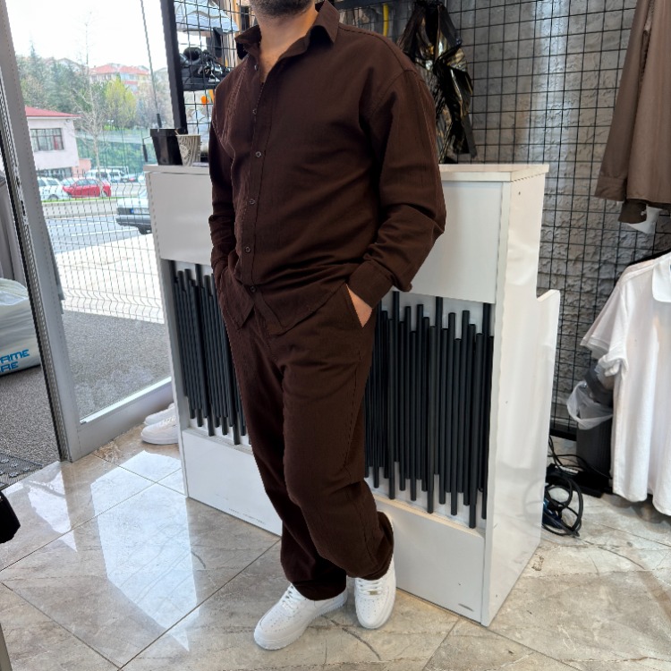 Keten Oversize Premium Takım Kahverengi