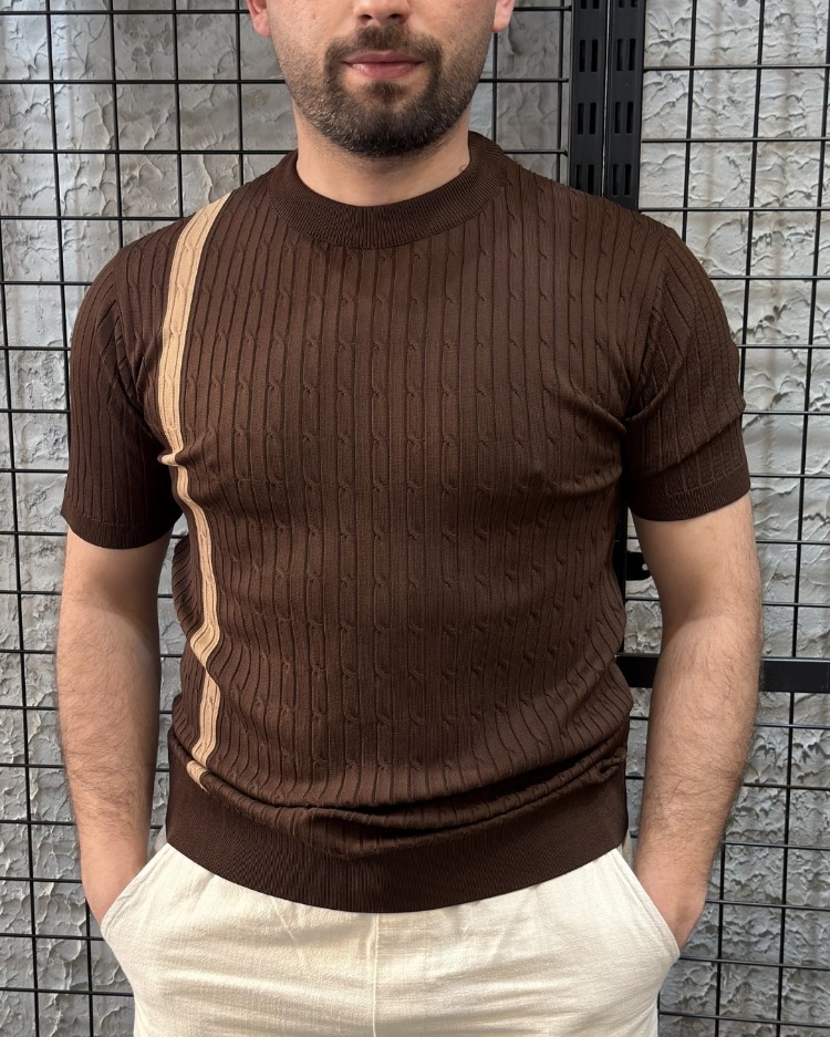 Kahverengi Çizgili Triko Sıfır Yaka T-Shirt