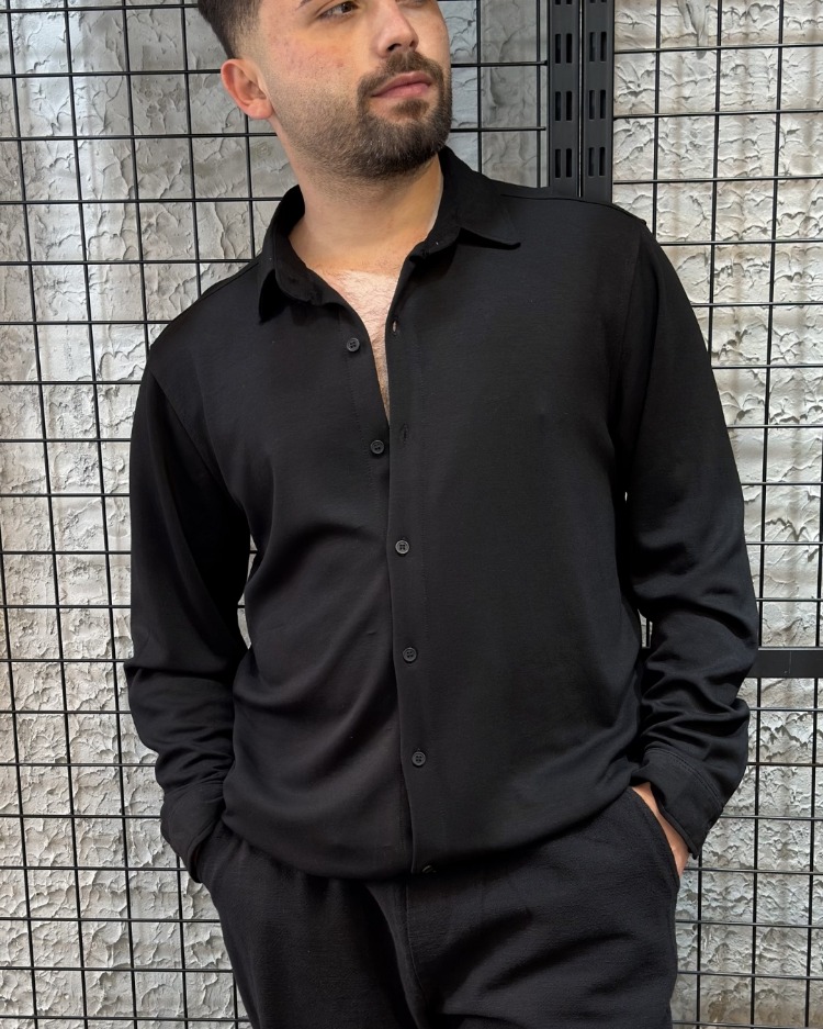 Oysho Kumaş Regular Fit Siyah Basic Gömlek