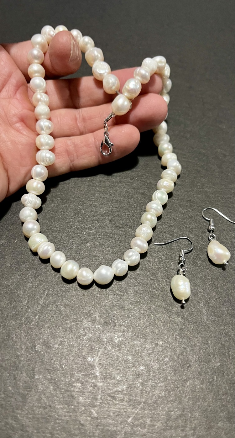 Doğal Beyaz İnci Kolye ve Küpe set