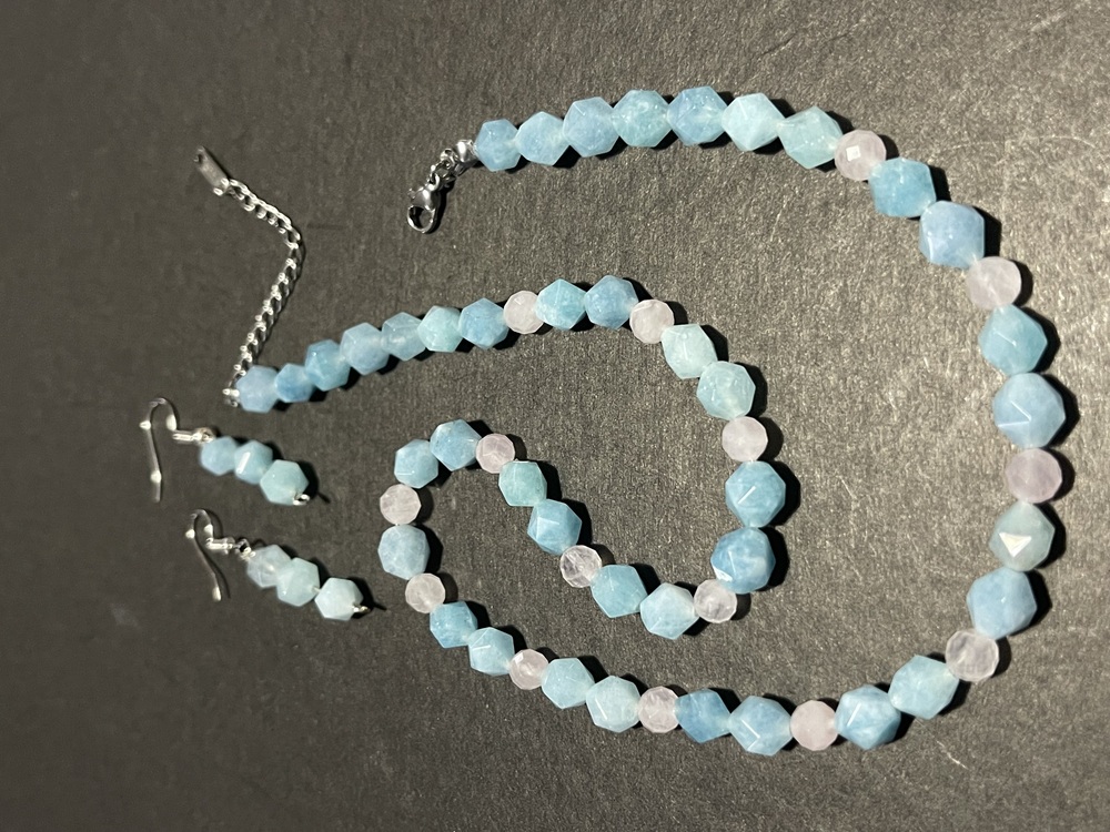 Doğal Aquamarin ve Pembe Quvars taşlarından Kokye ve Küpe set
