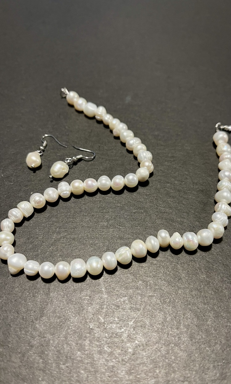 Doğal Beyaz İnci Kolye ve Küpe set