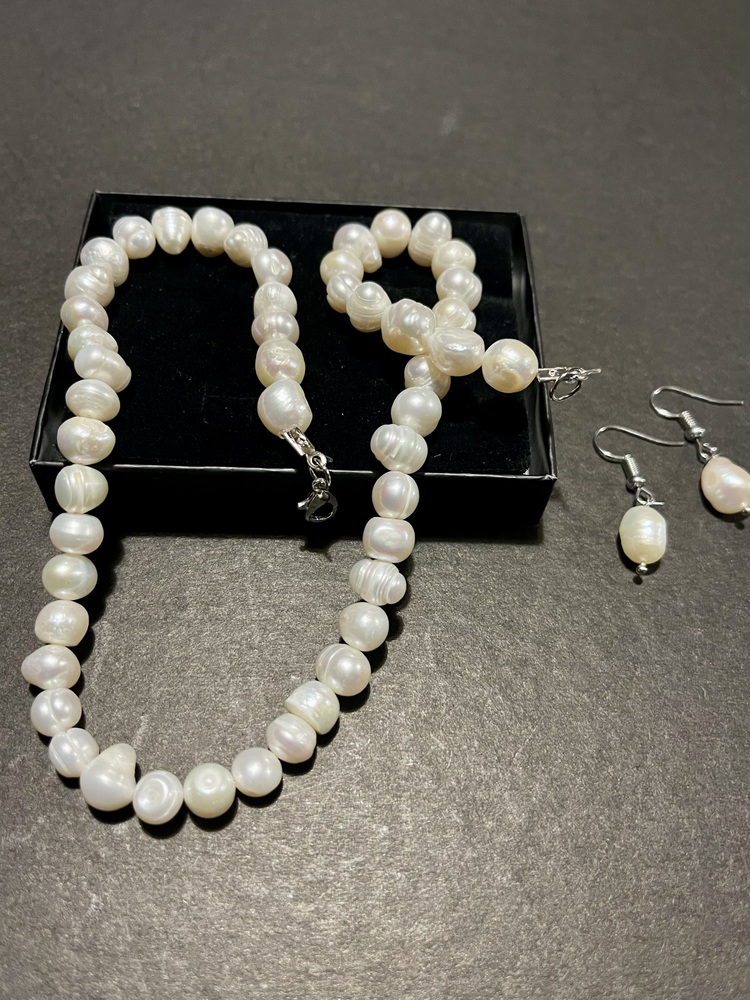 Doğal Beyaz İnci Kolye ve Küpe set