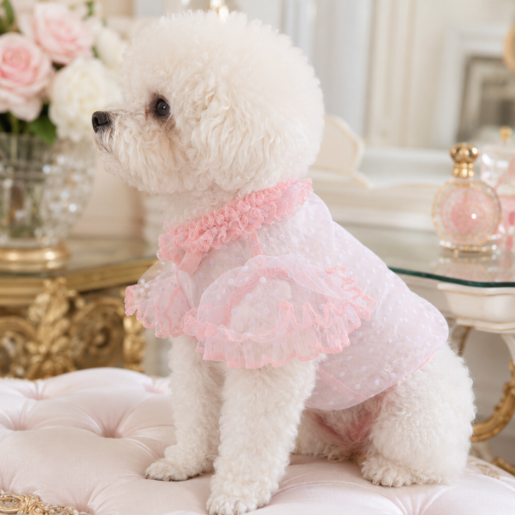 Pembe Puantiyeli Tül Köpek Bluzu