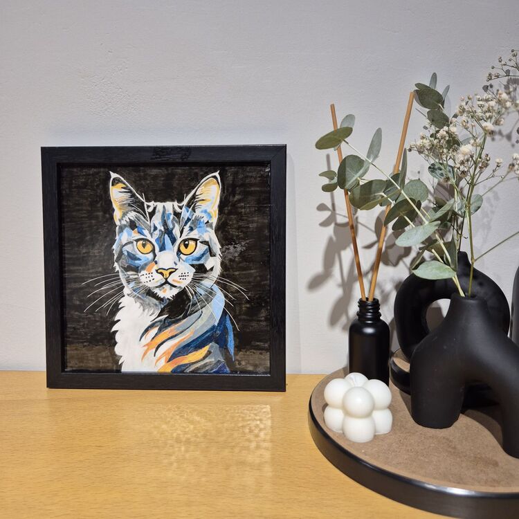 El Yapımı Kedi Figürlü Seramik Karo Tablo + Siyah Çerçeve