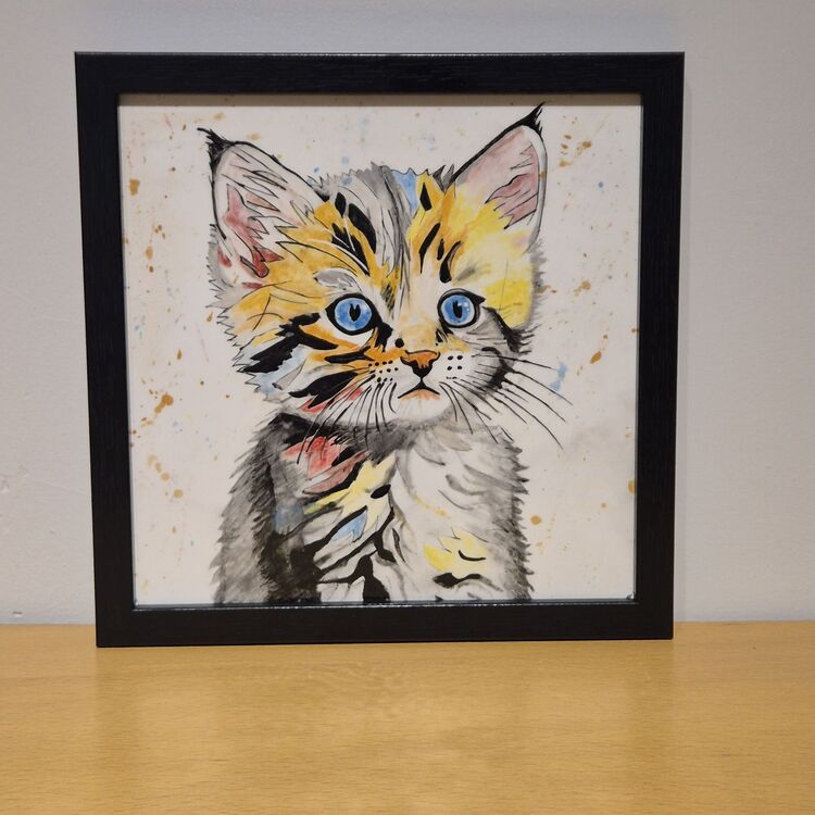 El Yapımı Kedi Figürlü Seramik Karo Tablo + Siyah Çerçeve