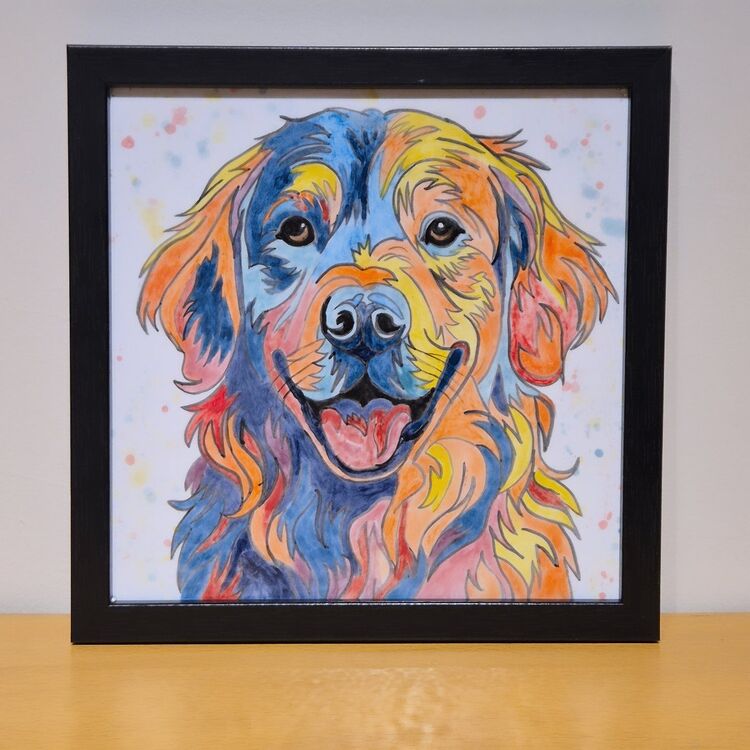 El Yapımı Golden Retriever Köpek Figürlü Seramik Karo Tablo + Siyah Çerçeve