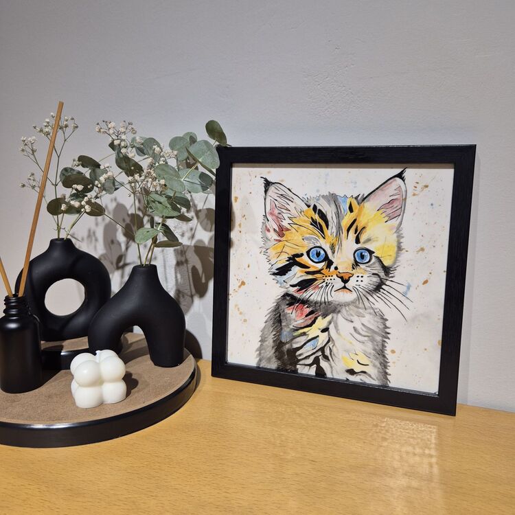 El Yapımı Kedi Figürlü Seramik Karo Tablo + Siyah Çerçeve