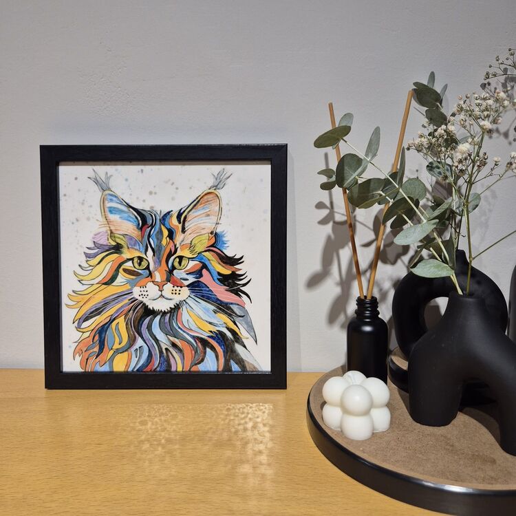 El Yapımı Kedi Figürlü Seramik Karo Tablo + Siyah Çerçeve