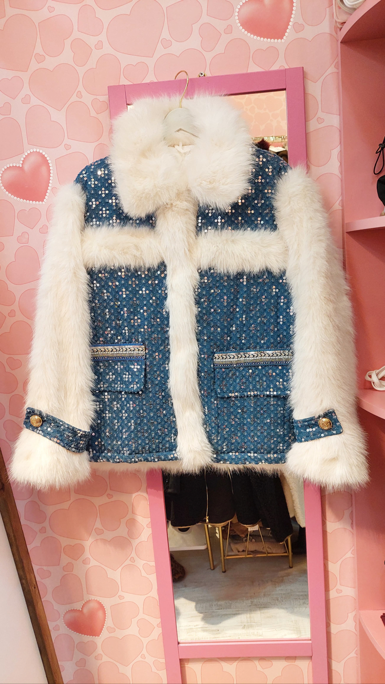 Jean&payet detaylı peluş ceket
