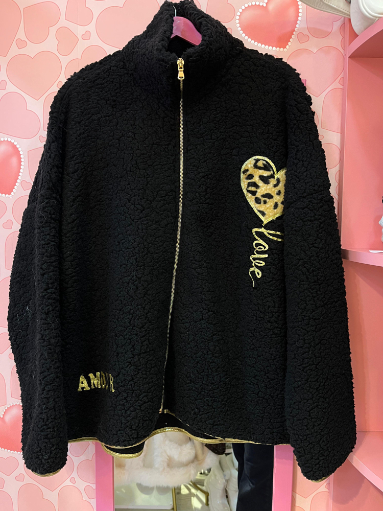 Leopar detaylı polar ceket