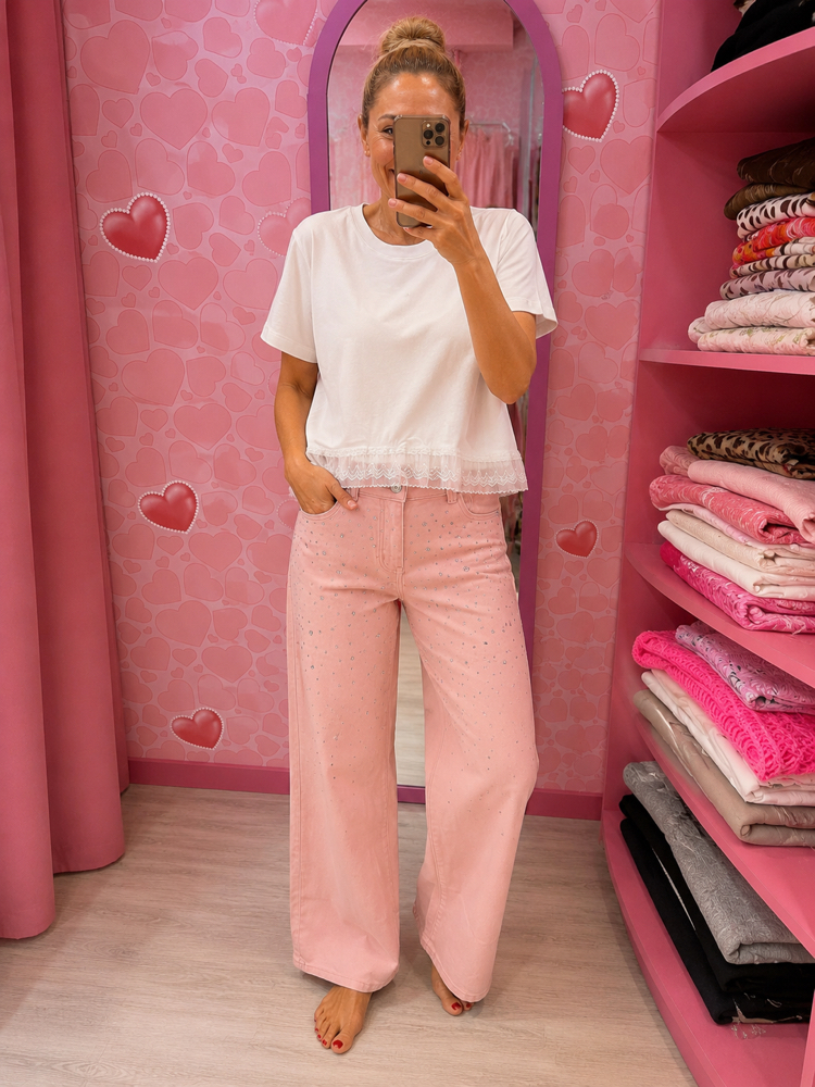 Taşlı wide leg jean