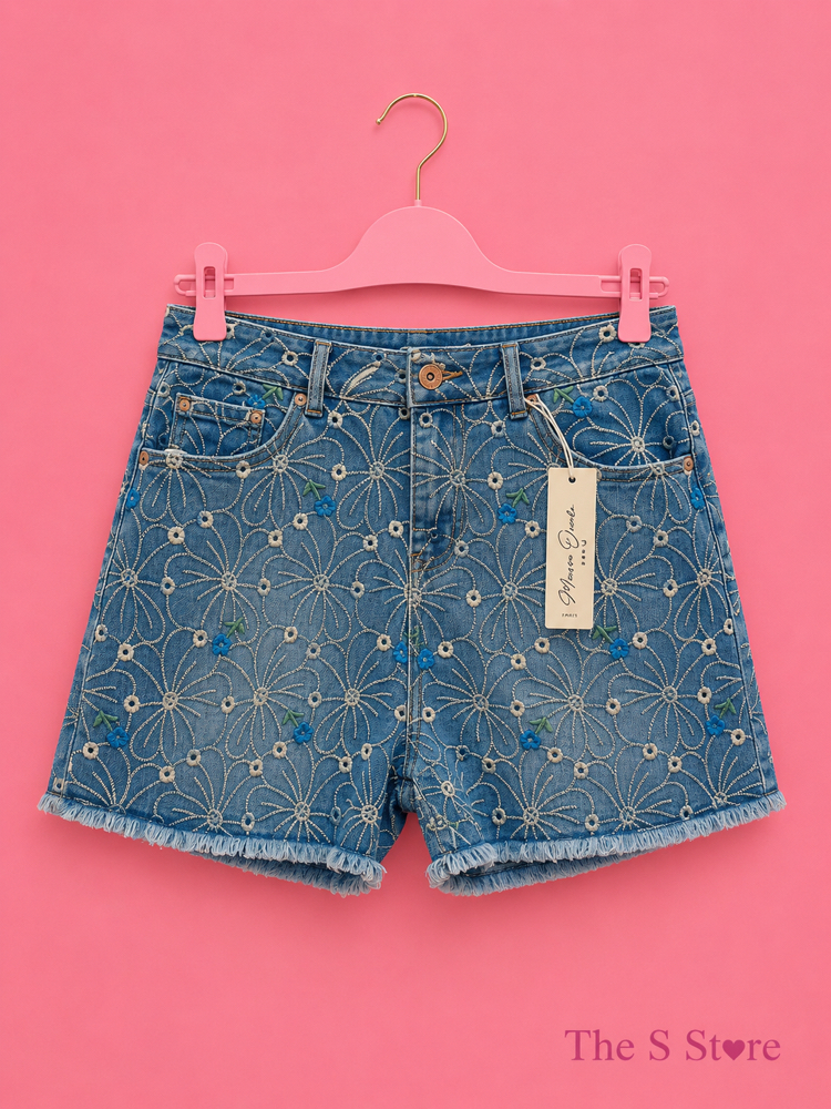 İşlemeli denim şort