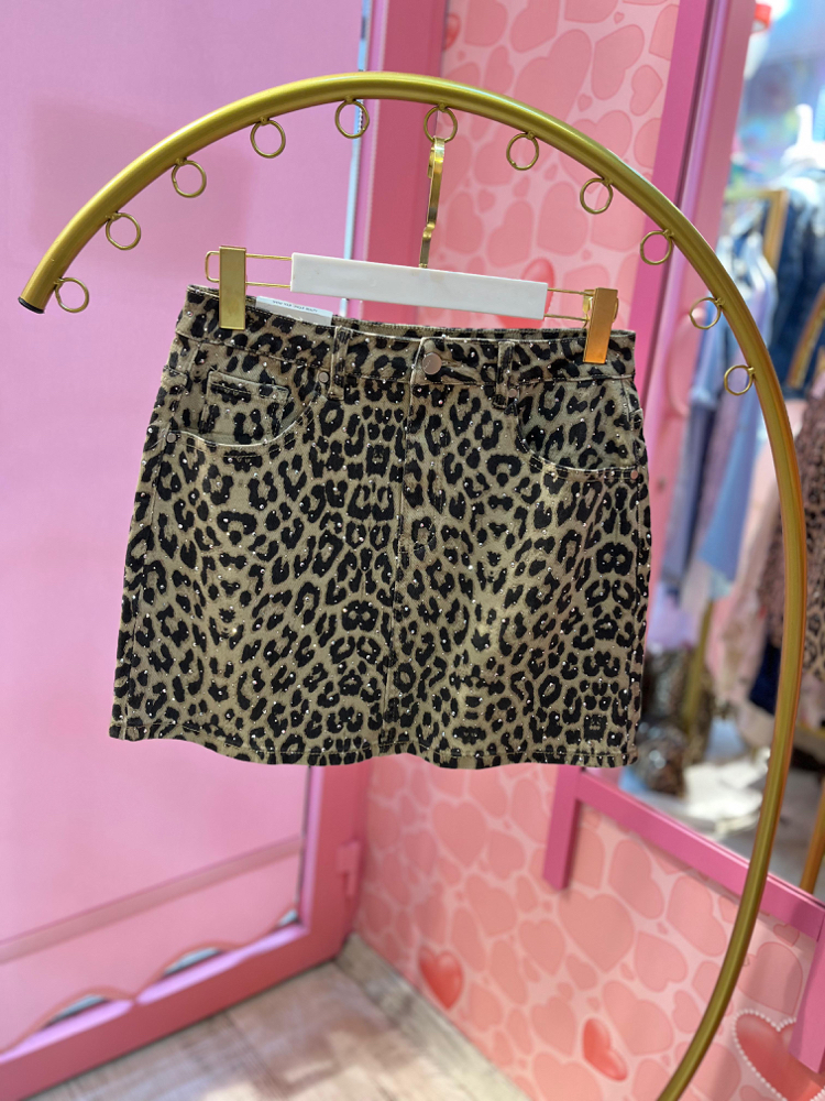 Taşlı leopar denim etek
