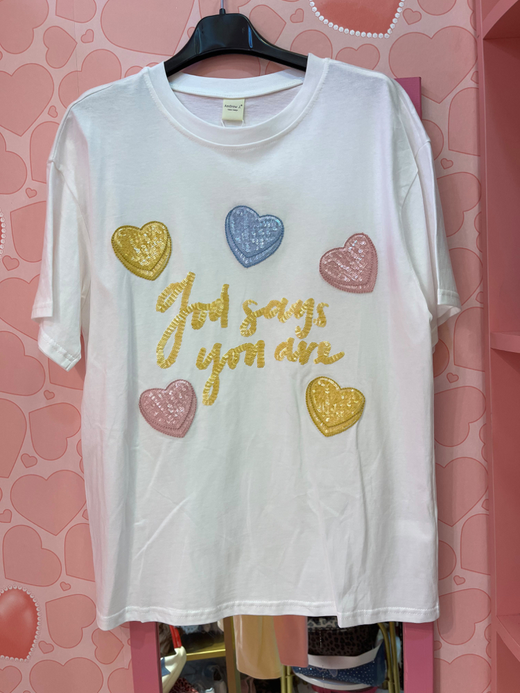 Payetli kalpli ve yazılı tshirt