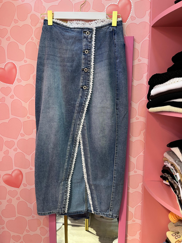 Dantel detaylı denim etek