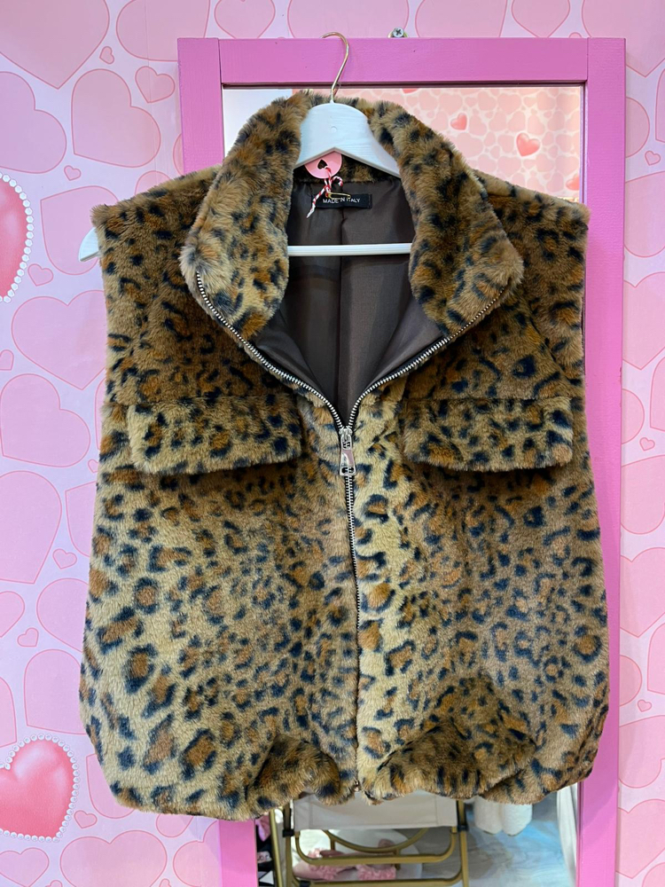 Leopar desen peluş yelek