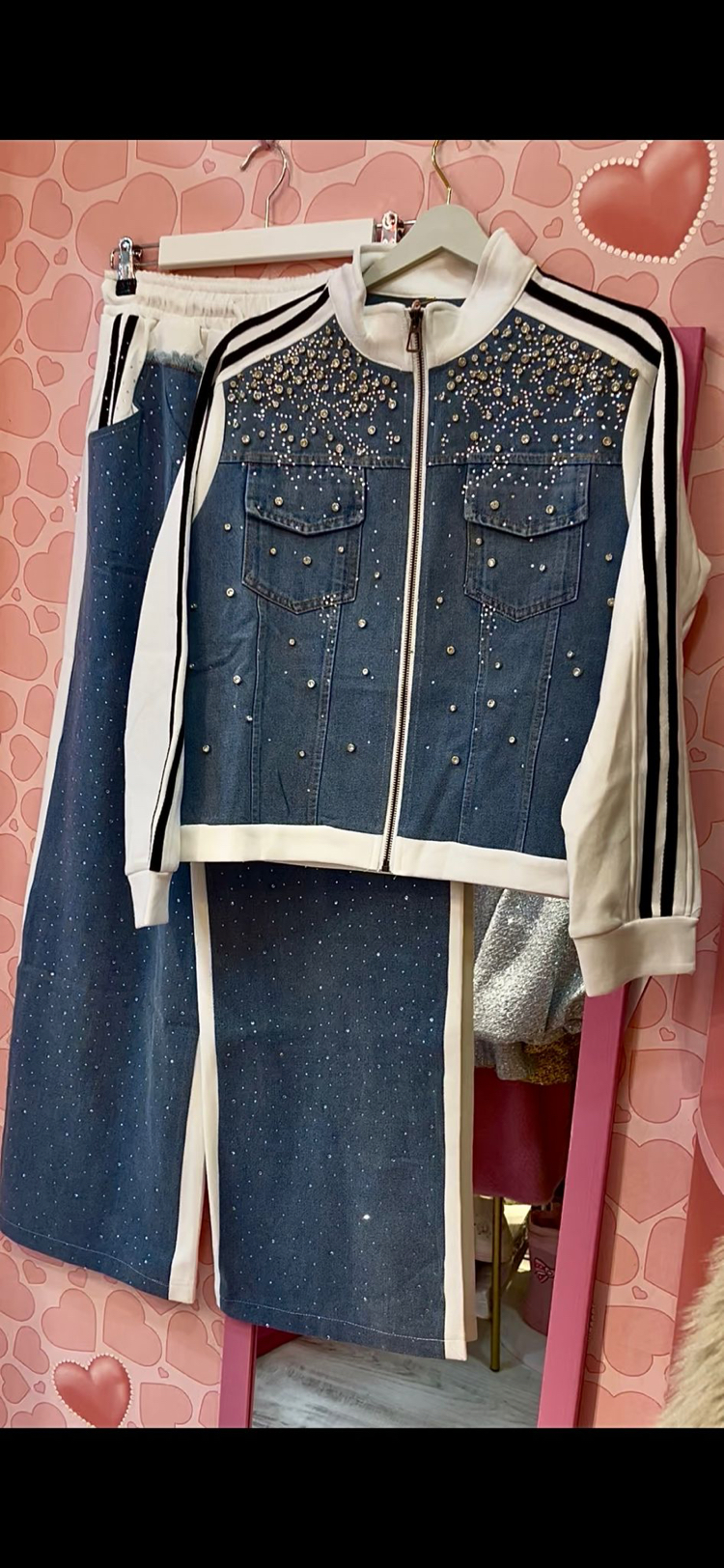 Taşlı jean detaylı ikili takım
