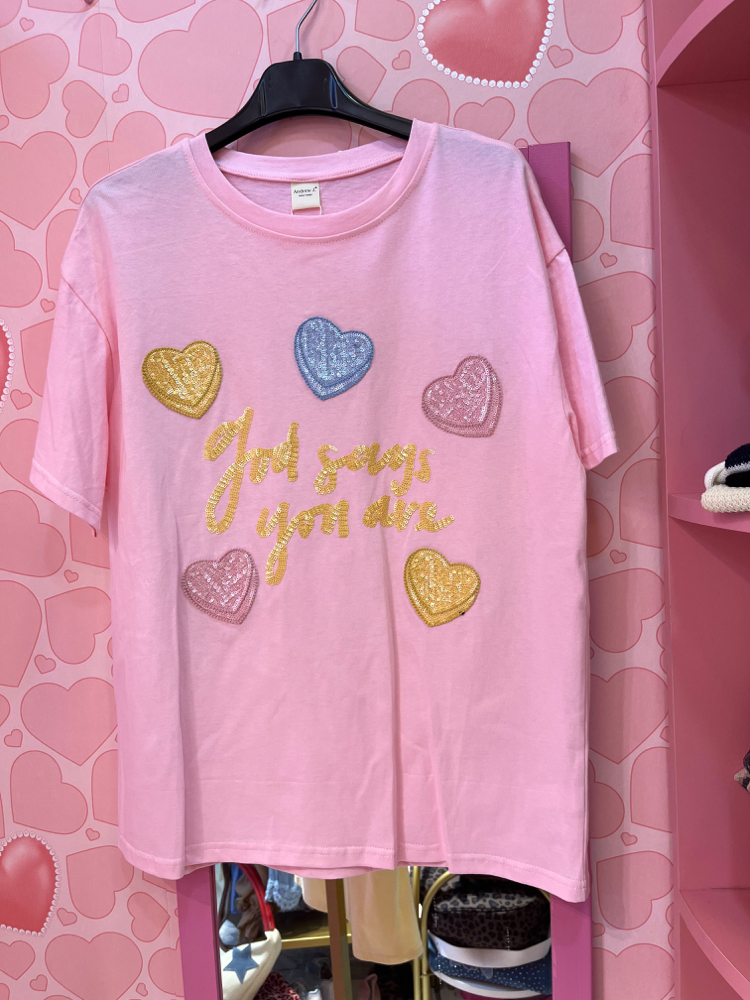 Payetli kalpli ve yazılı tshirt