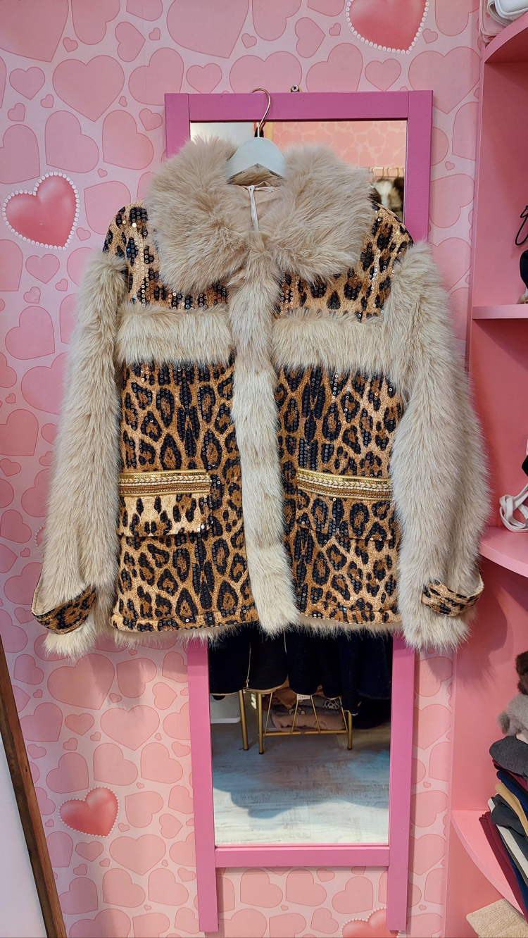 Leopar&pul payet detaylı peluş ceket