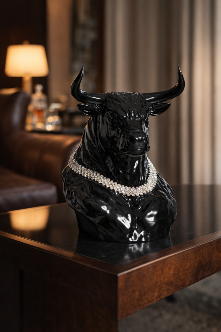 Vegas Bull Pırlanta Kolyeli Lüks Dekoratif Boğa Figürü