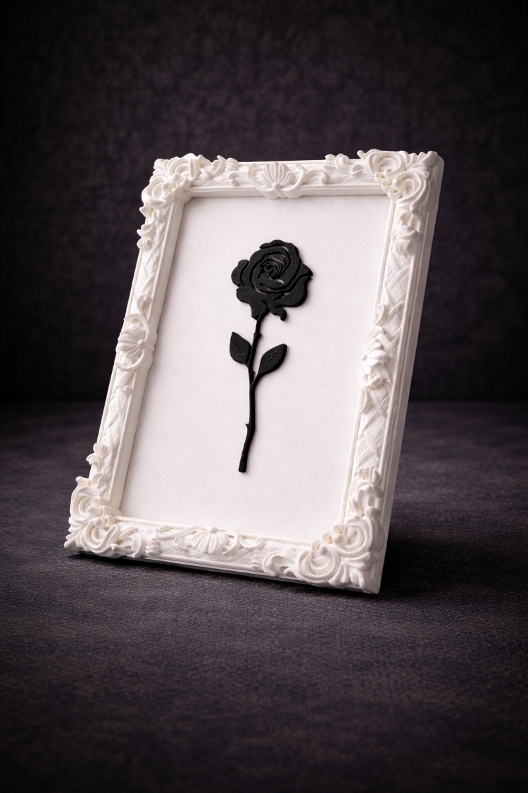 Monarch Rose Kabartma Gül Model Varaklı Beyaz Premium Tablo |170mm x 230mm Masaüstü İçin