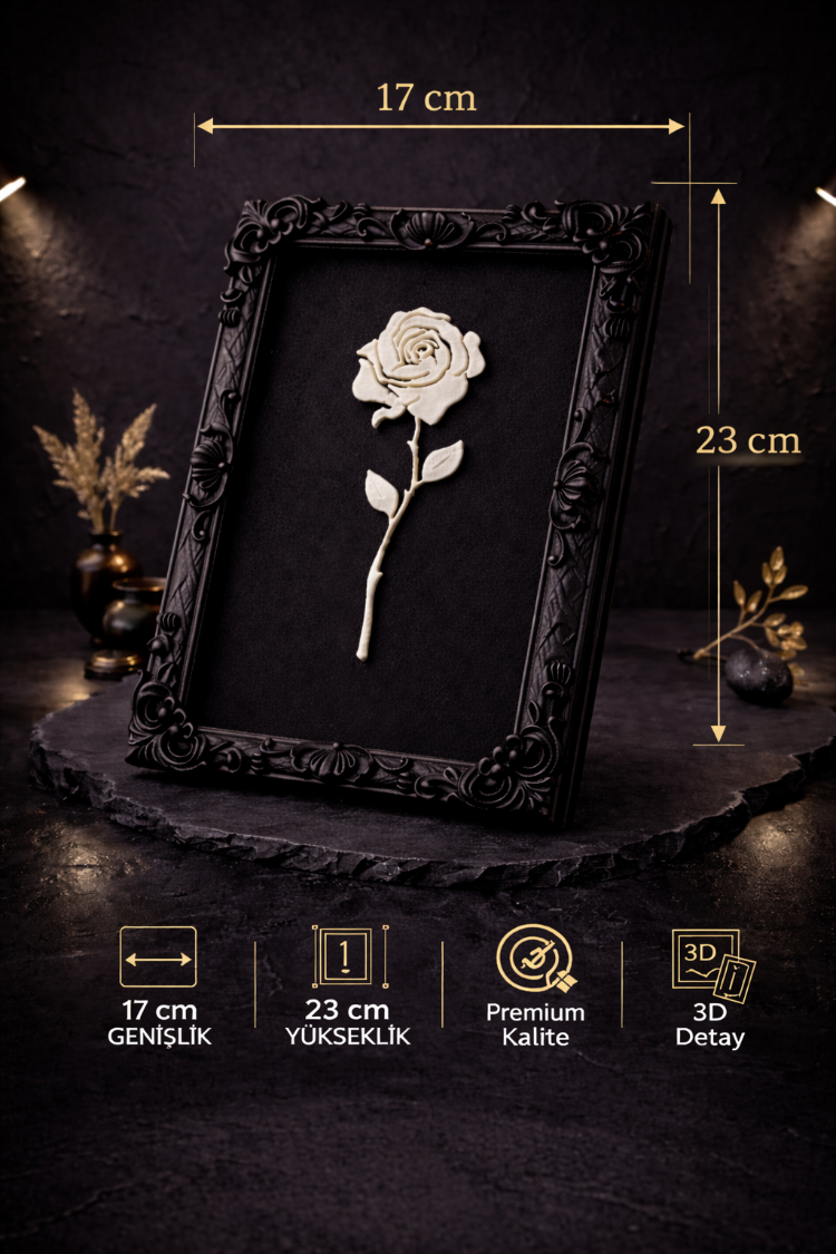 Monarch Rose Kabartma Gül Model Varaklı Siyah Premium Tablo |170mm x 230mm Masaüstü İçin