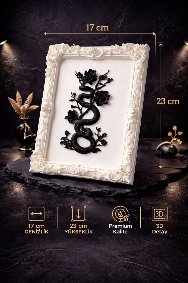 Eterna Yılan & Çiçek Rölyef Beyaz Tablo | Varaklı Çerçeve  170mm x230mm 