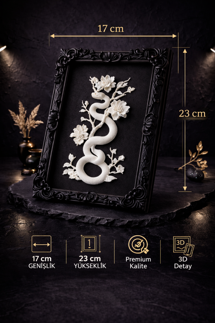 Eterna Yılan & Çiçek Rölyef Siyah Tablo | Varaklı Çerçeve 170mm x230mm