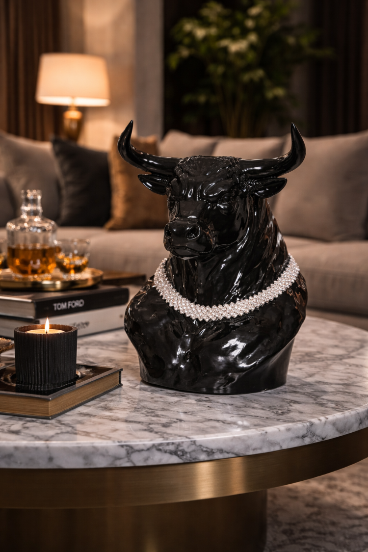 Vegas Bull Pırlanta Kolyeli Lüks Dekoratif Boğa Figürü
