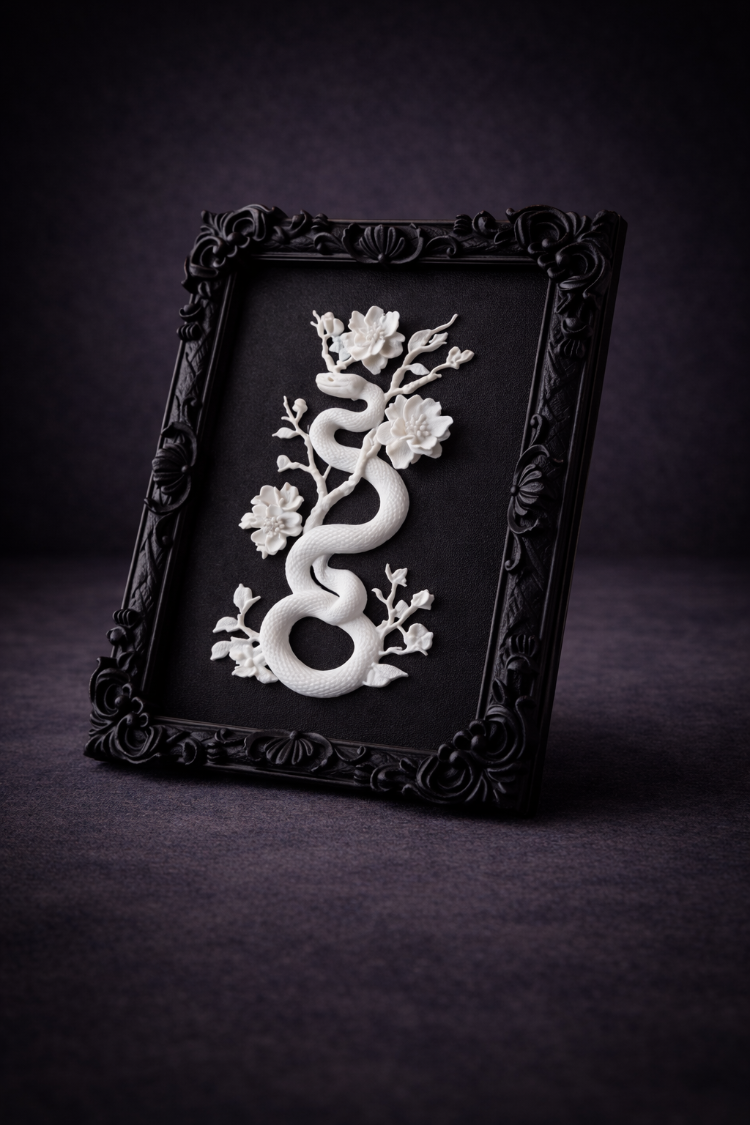 Eterna Yılan & Çiçek Rölyef Siyah Tablo | Varaklı Çerçeve 170mm x230mm
