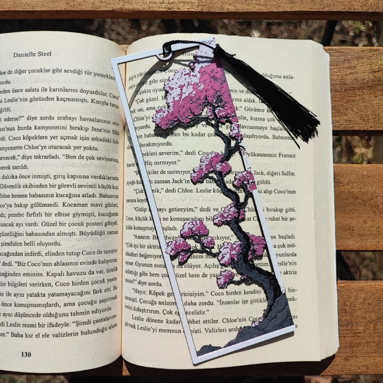 Tia Craft Sakura Ağacı Motifli 3D Kitap Ayracı Pembe Püsküllü Dekoratif Hediyelik