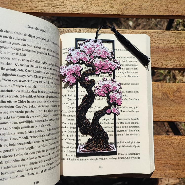 Tia Craft Bonsai Ağacı Motifli 3D Kitap Ayracı Pembe Püsküllü Dekoratif Hediyelik