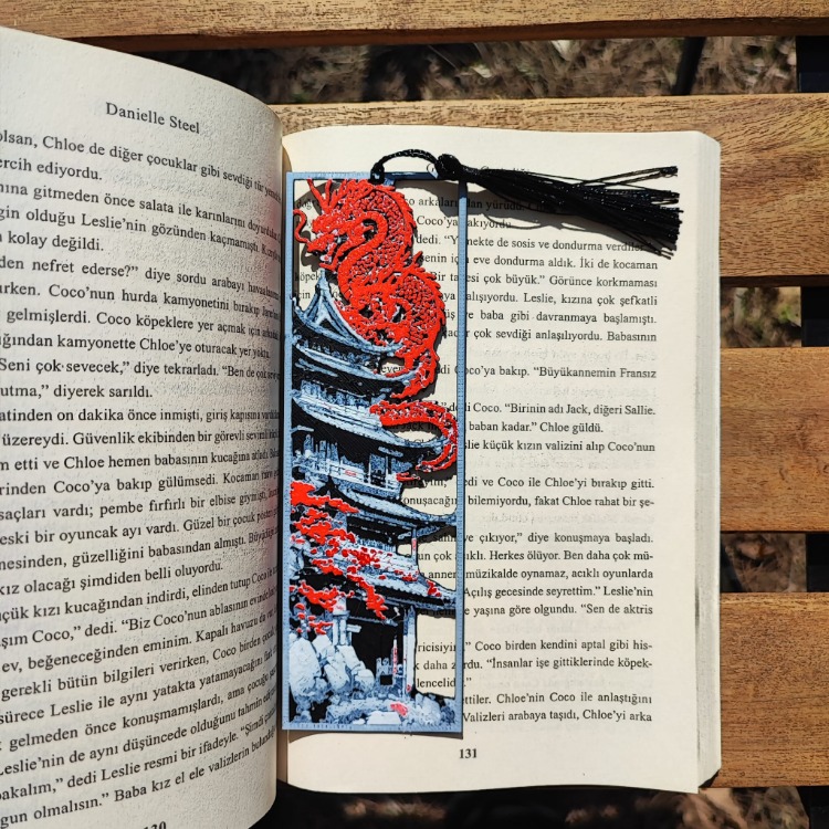 Tia Craft Ejderha ve Japon Pagoda Motifli 3D Kitap Ayracı Püsküllü Dekoratif Hediyelik